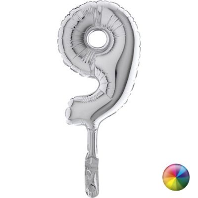 Cifra 9 - balon folie fara supapa, culoare argintie, inaltime 18cm