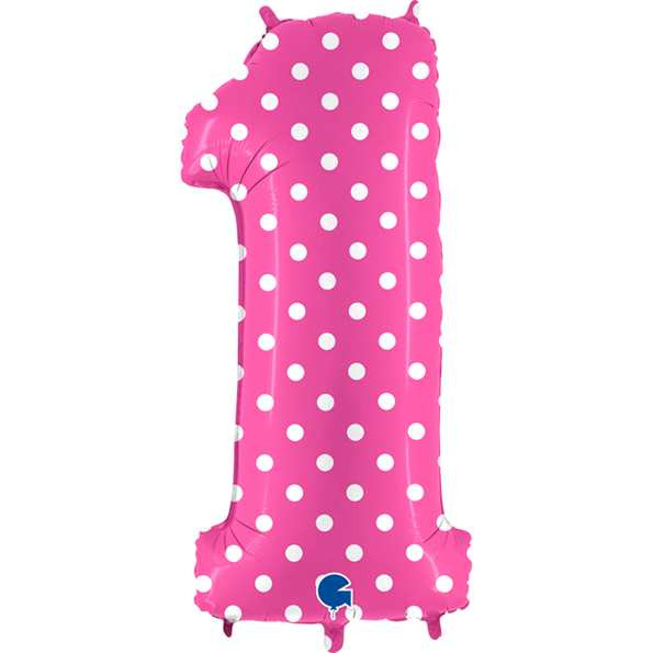 Cifra 1 - balon folie, culoare pink cu buline albe, inaltime 101cm