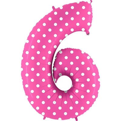 Cifra 6 - balon folie, culoare pink cu buline albe, inaltime 101cm
