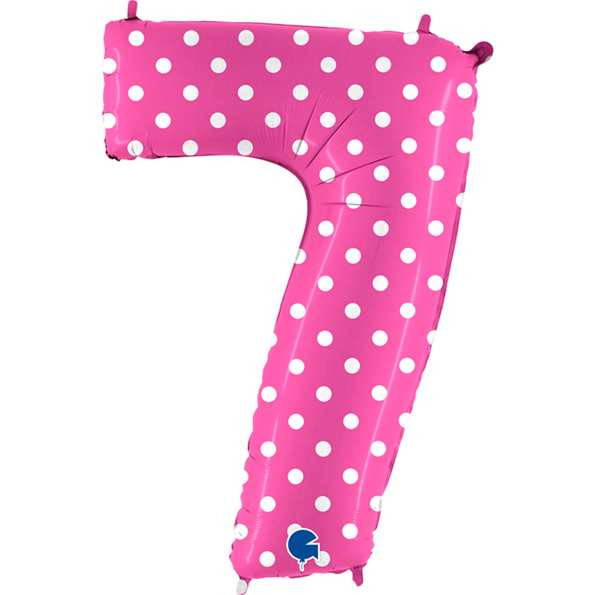 Cifra 7 - balon folie, culoare pink cu buline albe, inaltime 101cm