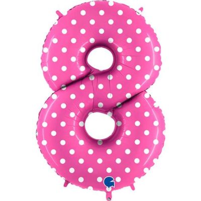 Cifra 8 - balon folie, culoare pink cu buline albe, inaltime 101cm