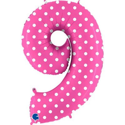 Cifra 9 - balon folie, culoare pink cu buline albe, inaltime 101cm